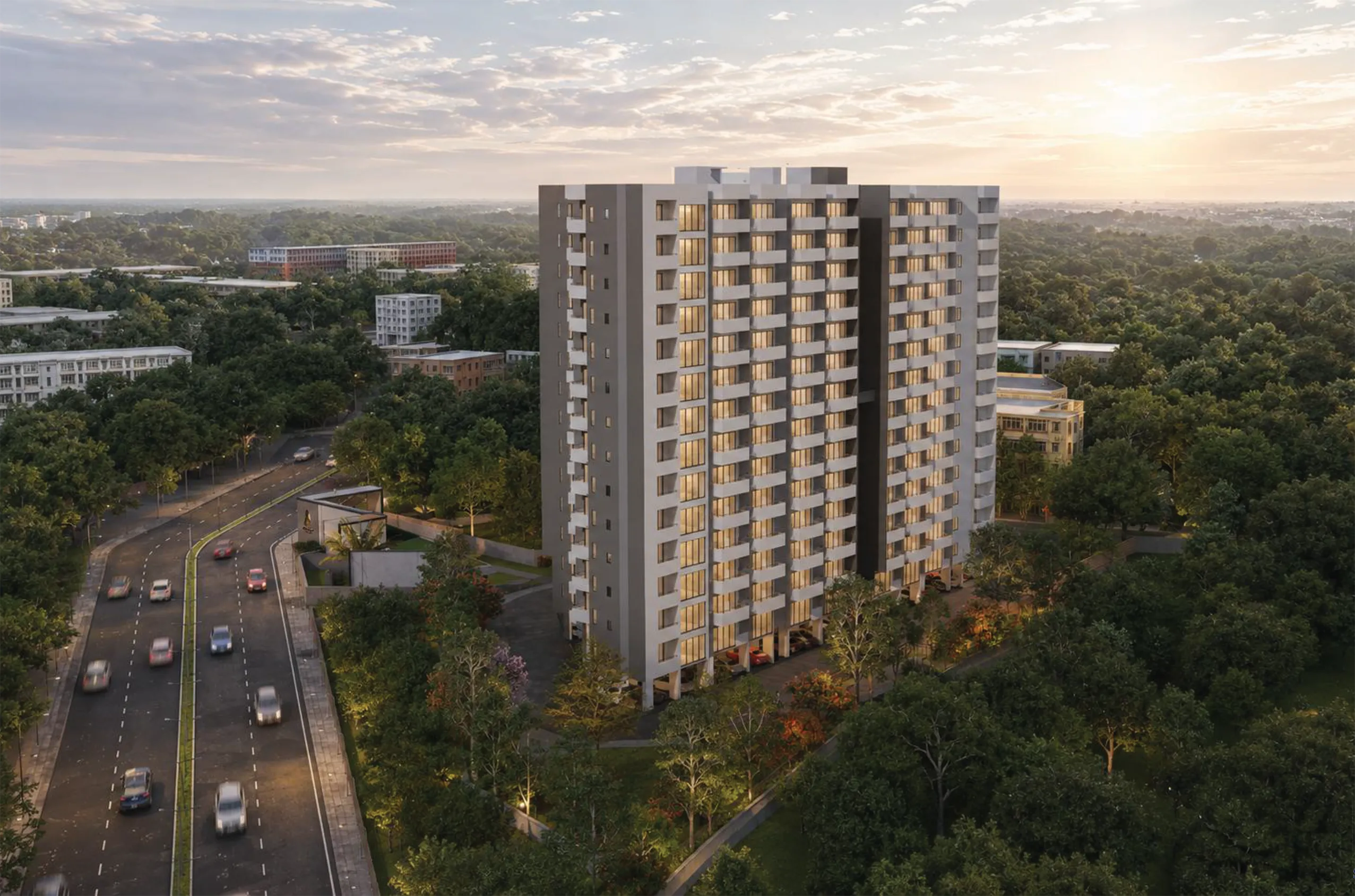 Skandha Acropolis — Luxury residences at twilight on Gunjur–Balagere Road, Bengaluru